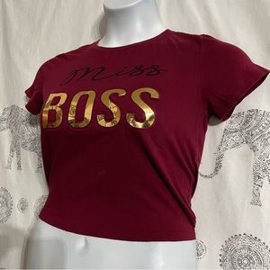 Women’s Small Miss BOSS burgundy red crop top with metallic gold lettering guc